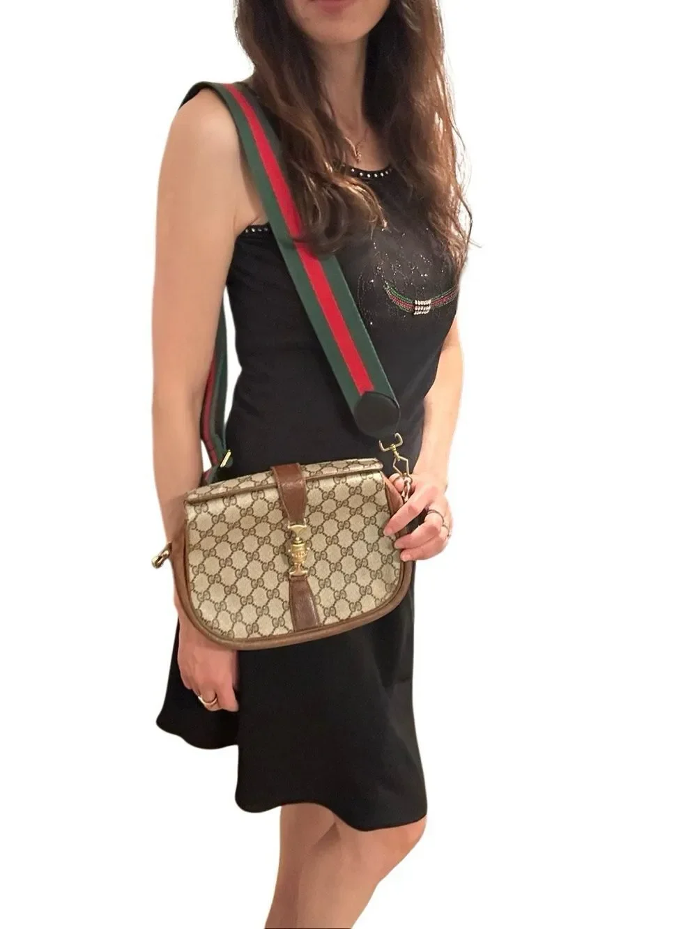 Gucci Jackie Beige Brown GG Supreme Crossbody with Signature Web Strap
